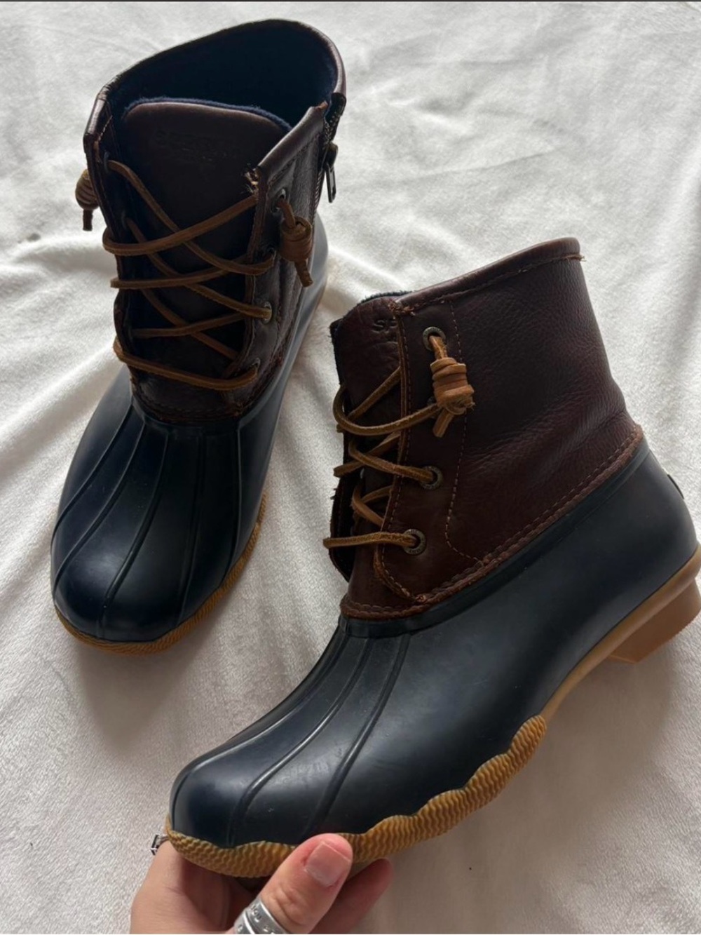Sperry Brown Leather and Navy Rubber Duck Boots Woman’s Size 7.5